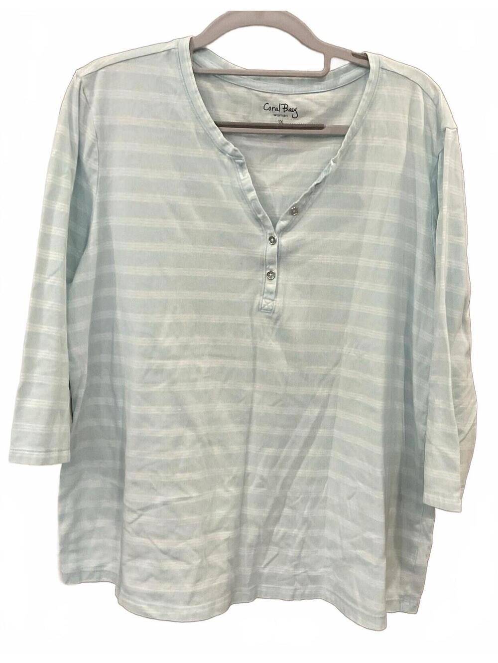 Coral Bay Womens 3/4 Sleeve Striped Blue Tee W/ Button Neck Size 1X